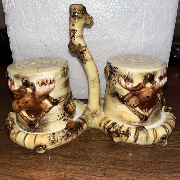 Moose/Wood/Hunter Themed Salt & Pepper Shakers With Stand/Novelty Neutral Colors - Picture 1 of 10